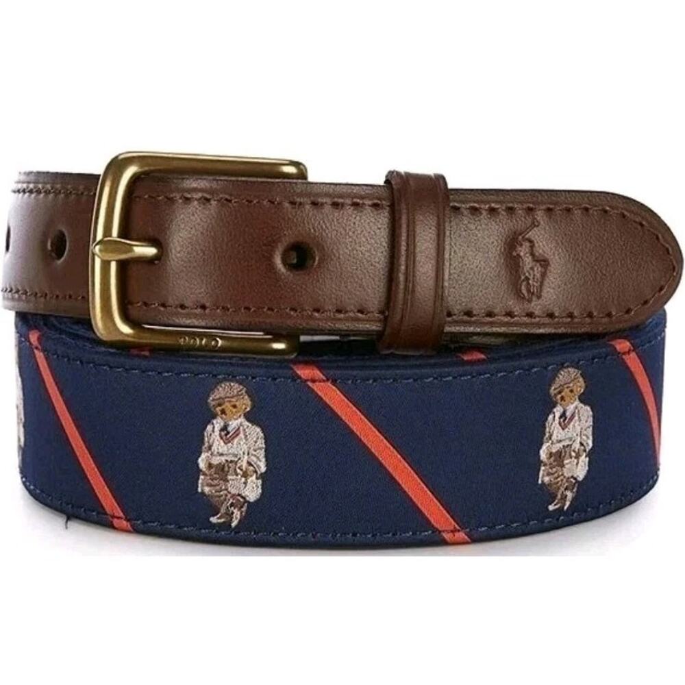 Polo Ralph Lauren Men's Leather-Trim Navy Bear Logo Belt Size 40 Brand New